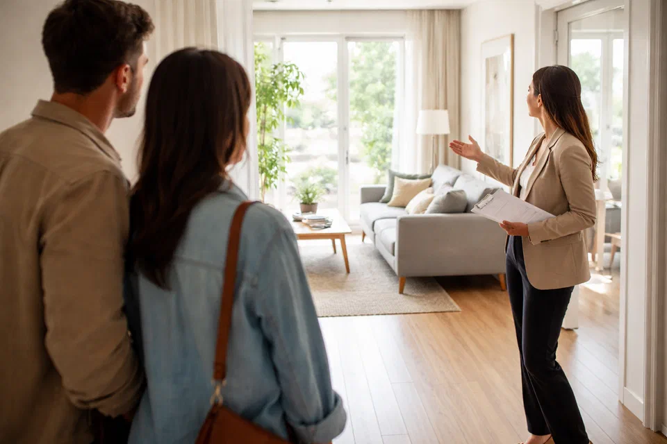 Maklerin begleitet Interessenten bei einer Wohnungsbesichtigung